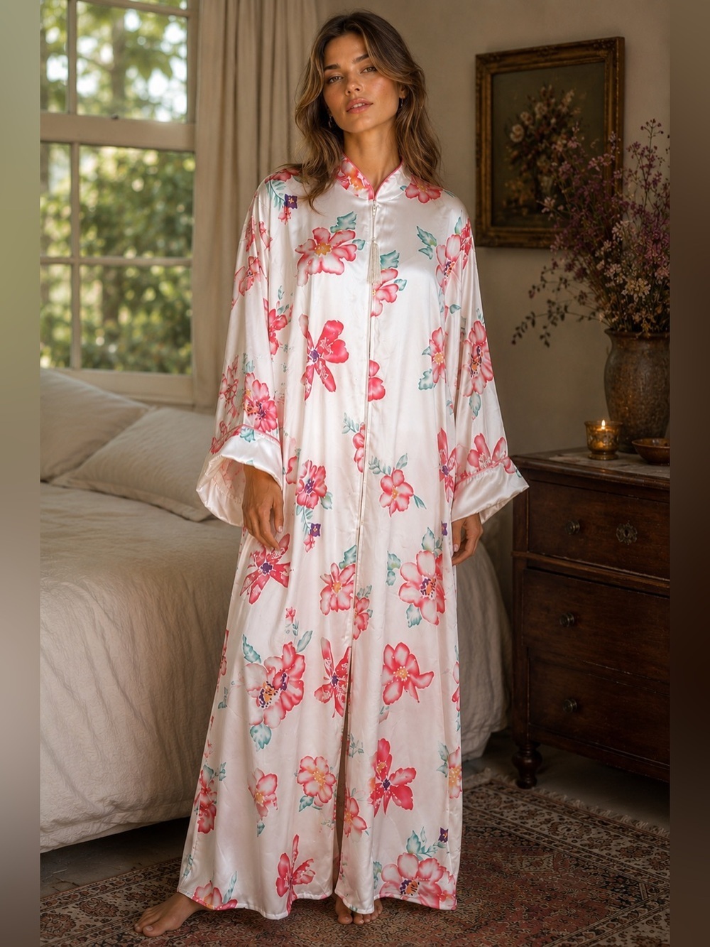 Vintage Natori Womens Robe Sz Large Ivory Pink Tropical Floral Kaftan House Coat